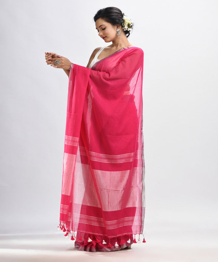 Deep pink handloom cotton bengal saree with zari pallu border