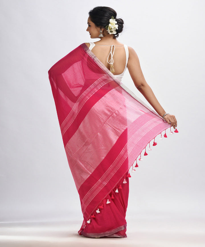 Deep pink handloom cotton bengal saree with zari pallu border