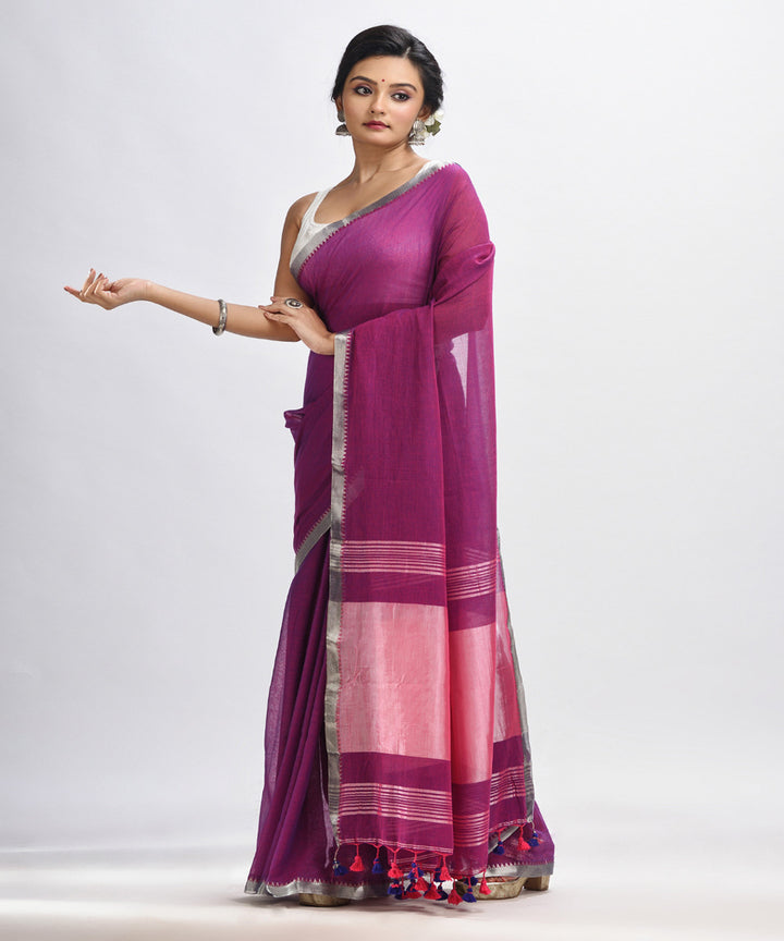 Magenta handloom cotton bengal saree with zari pallu border