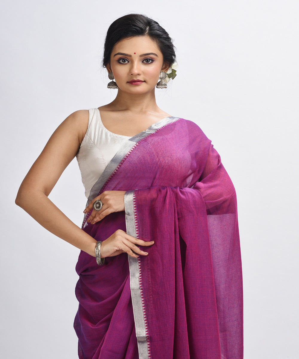 Magenta handloom cotton bengal saree with zari pallu border