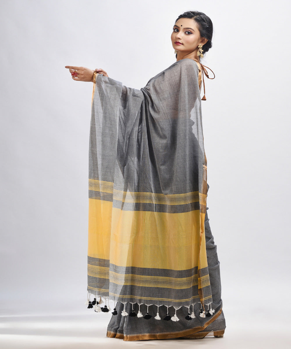 Grey yellow handloom cotton bengal saree with zari pallu border