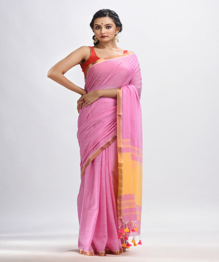 Blush pink handloom cotton bengal saree with zari pallu border