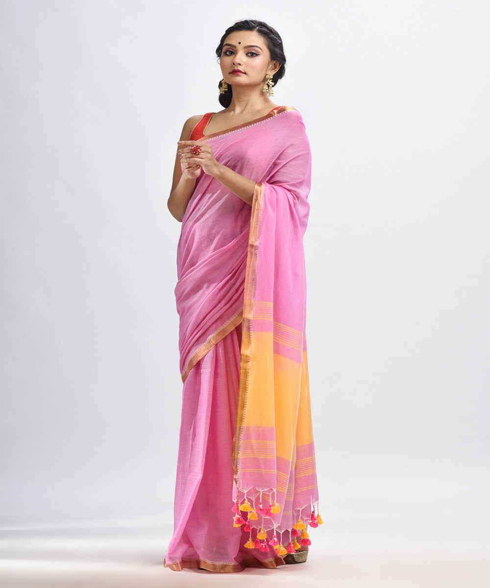 Blush pink handloom cotton bengal saree with zari pallu border