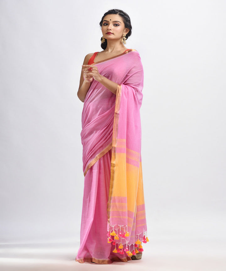 Blush pink handloom cotton bengal saree with zari pallu border