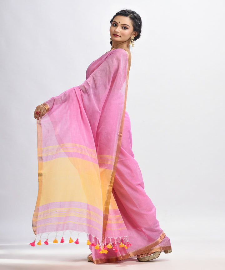 Blush pink handloom cotton bengal saree with zari pallu border