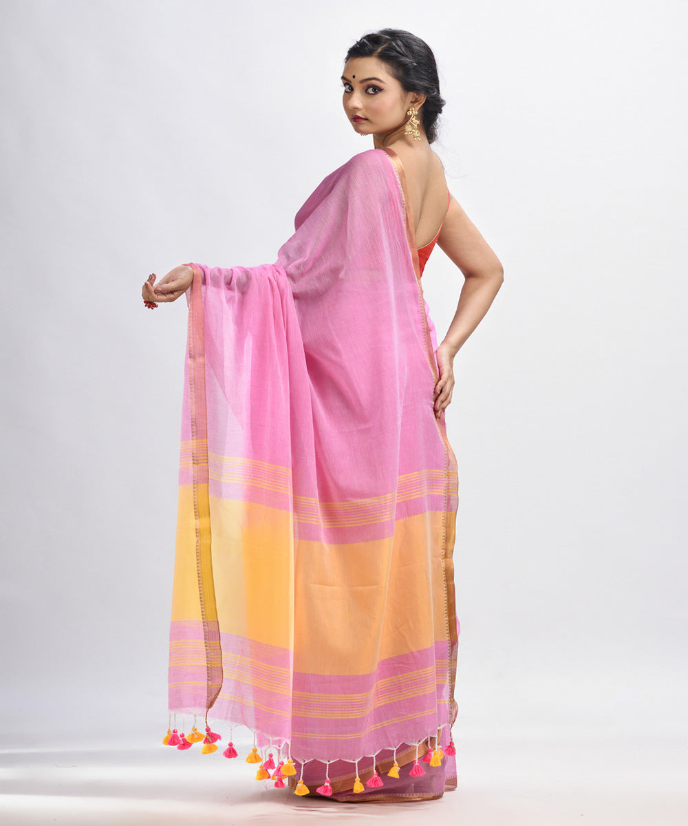 Blush pink handloom cotton bengal saree with zari pallu border