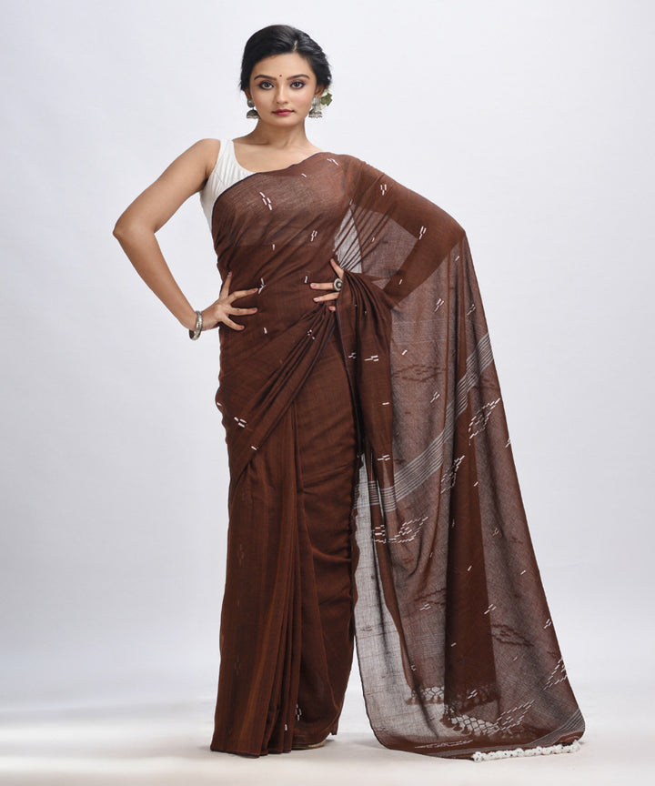 Dark coffee handloom mulmul cotton bengal saree