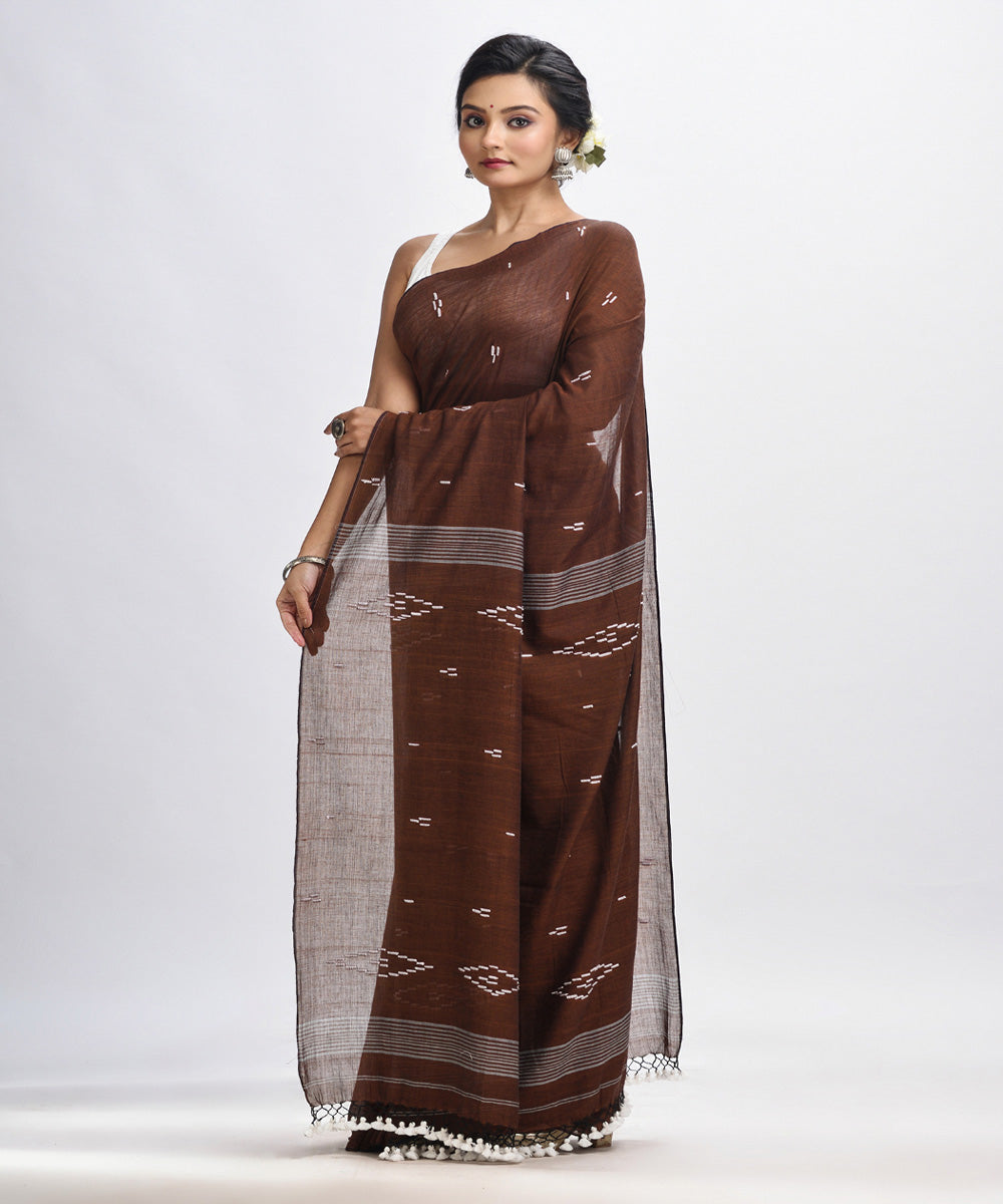 Dark coffee handloom mulmul cotton bengal saree