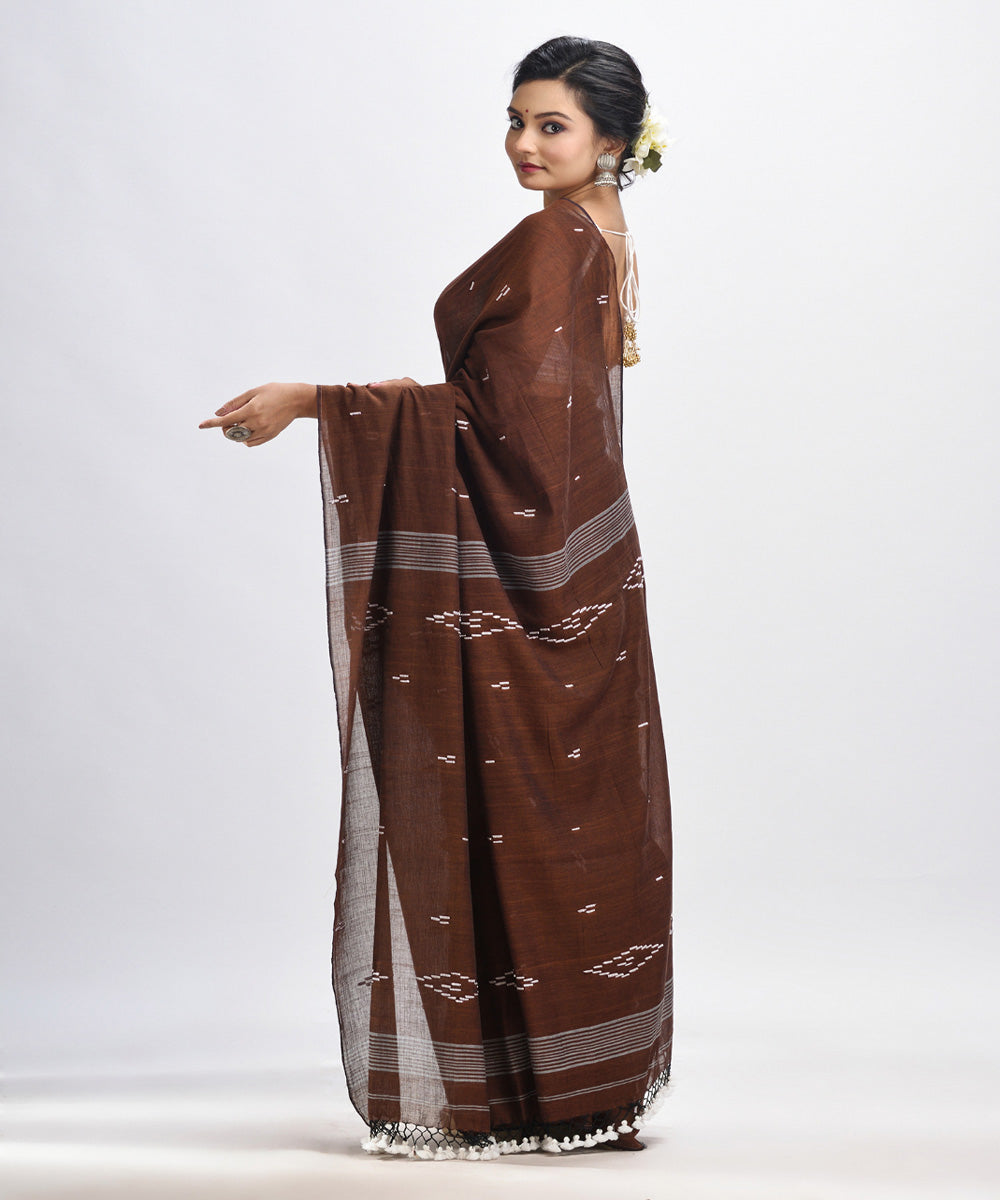 Dark coffee handloom mulmul cotton bengal saree