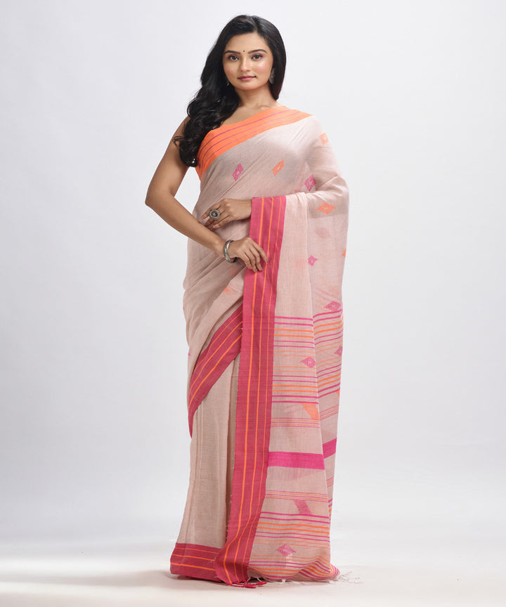 Peach pink handwoven cotton bengal saree