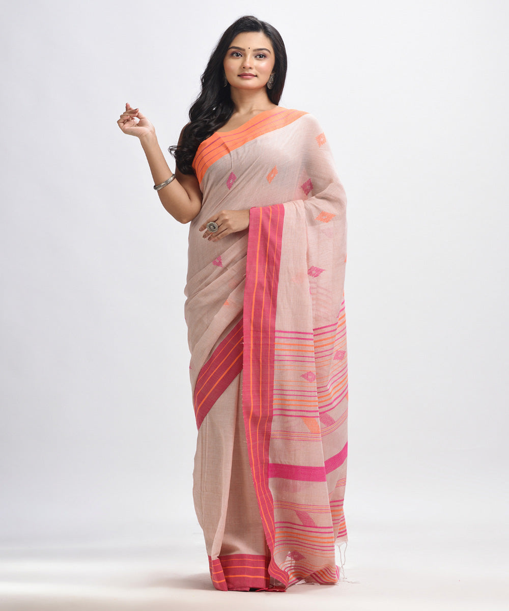 Peach pink handwoven cotton bengal saree