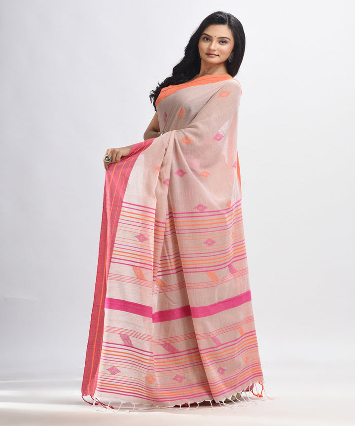 Peach pink handwoven cotton bengal saree