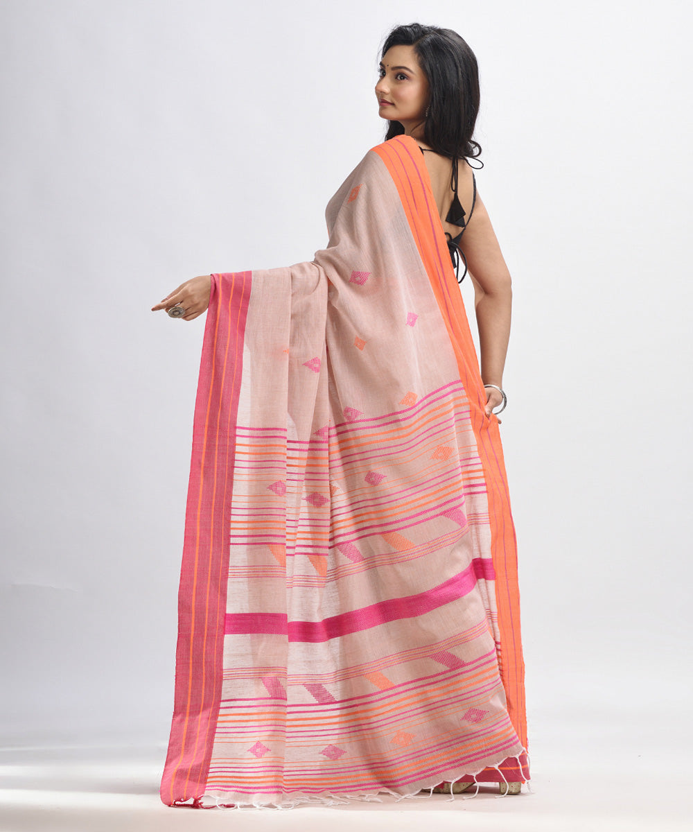 Peach pink handwoven cotton bengal saree