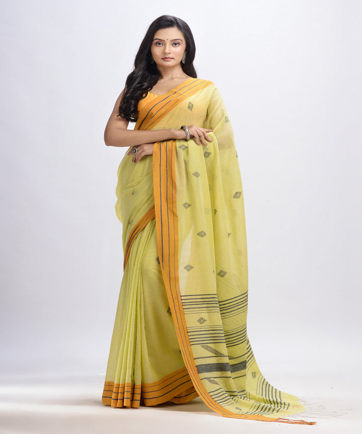 Lemon yellow handwoven cotton bengal saree