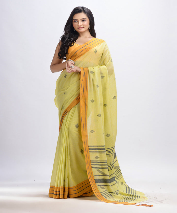 Lemon yellow handwoven cotton bengal saree