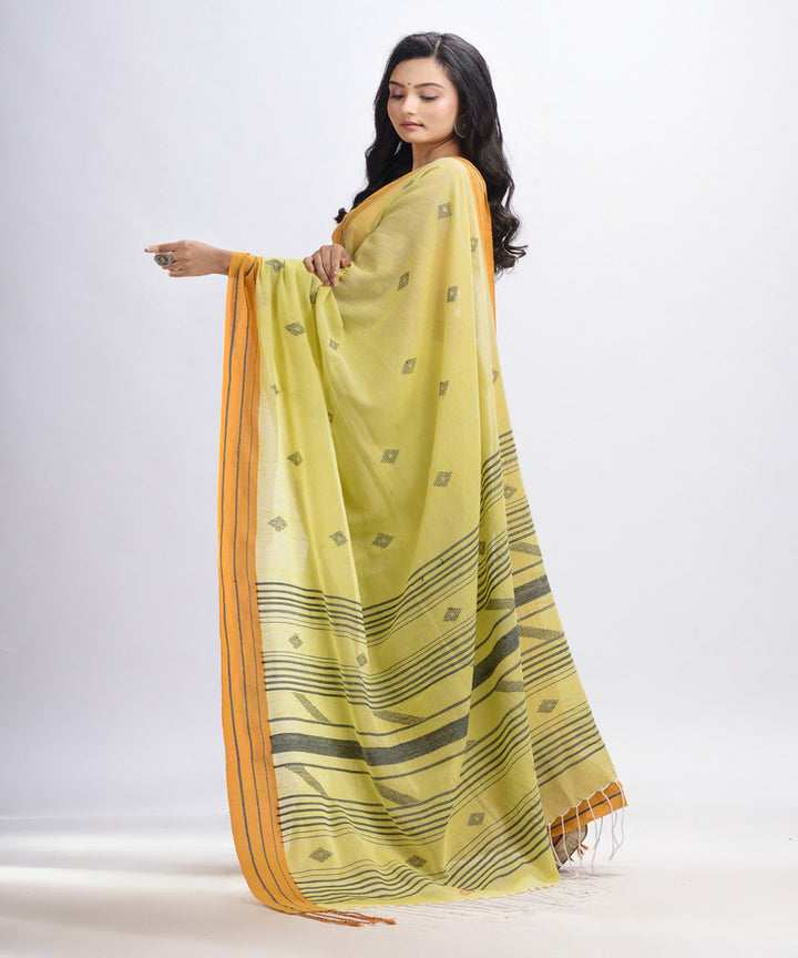 Lemon yellow handwoven cotton bengal saree