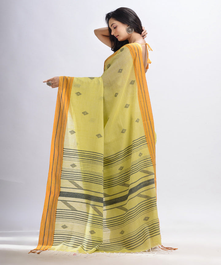 Lemon yellow handwoven cotton bengal saree