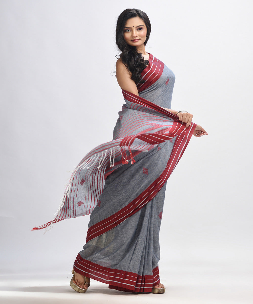 Grey maroon handwoven cotton bengal saree