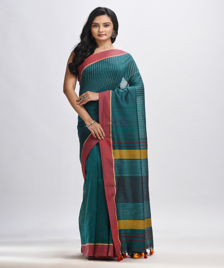 Rama green red handwoven cotton bengal saree