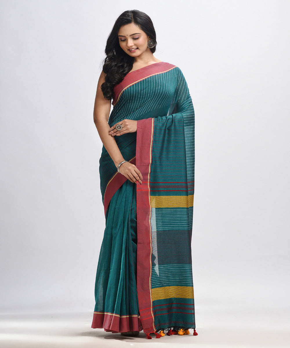 Rama green red handwoven cotton bengal saree