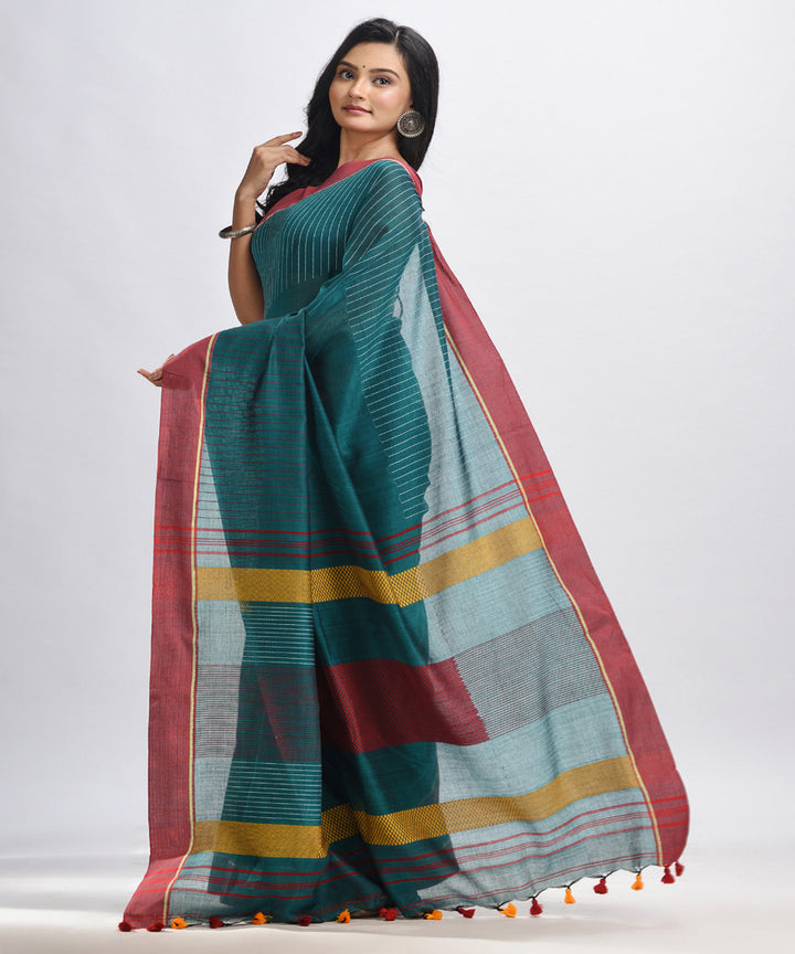 Rama green red handwoven cotton bengal saree