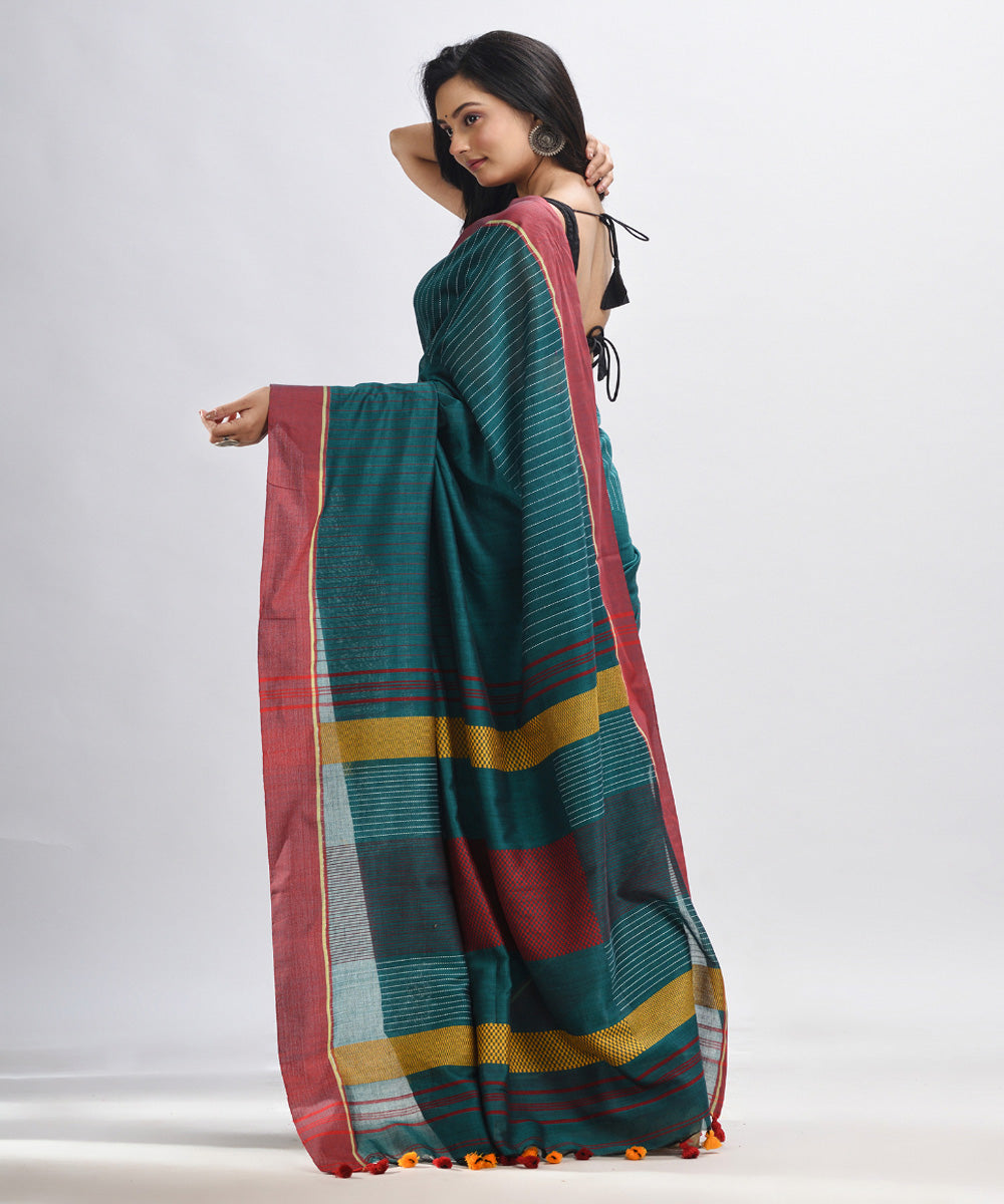 Rama green red handwoven cotton bengal saree