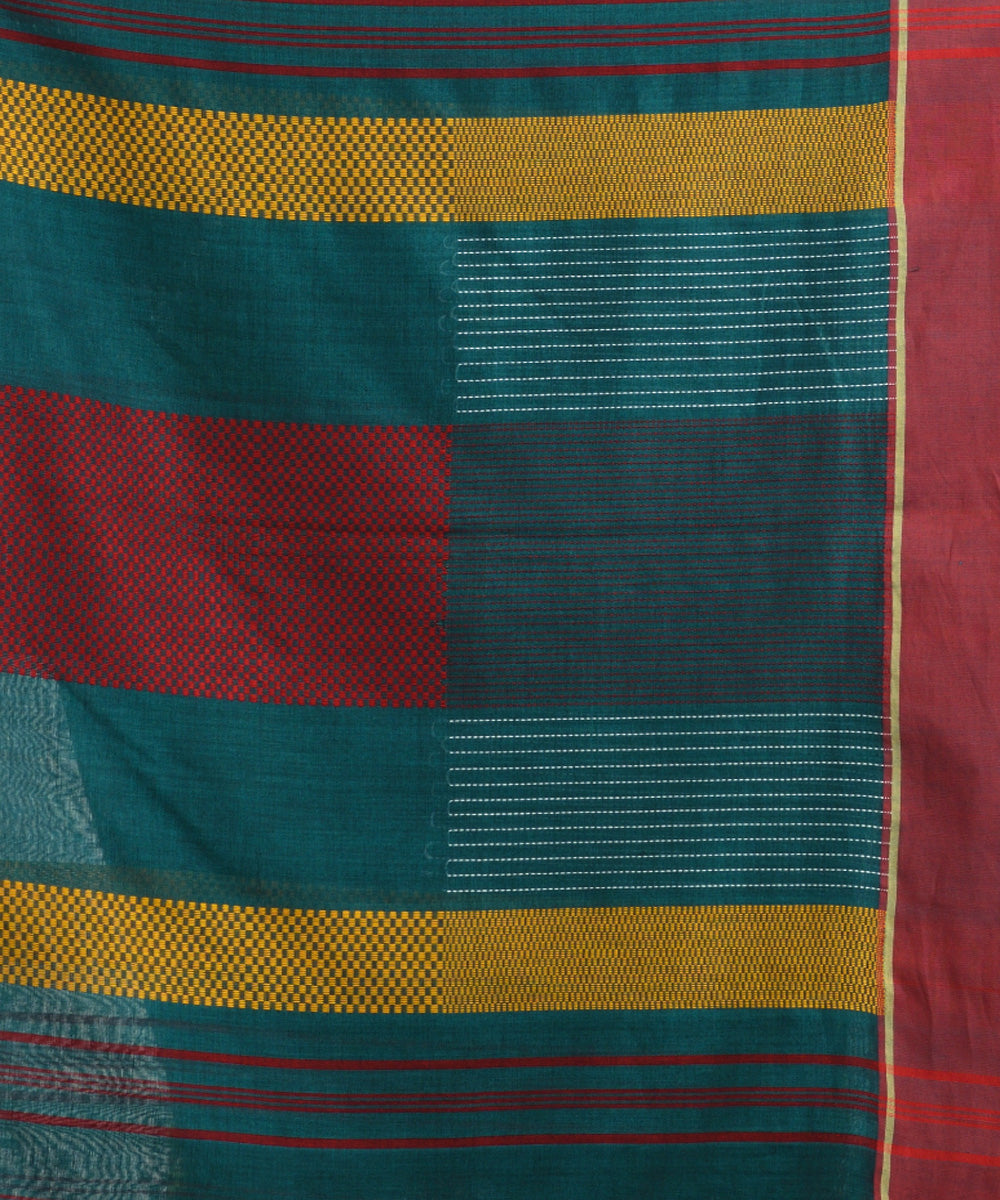 Rama green red handwoven cotton bengal saree