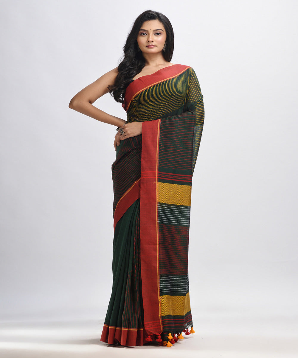 Bottole green red handwoven cotton bengal saree