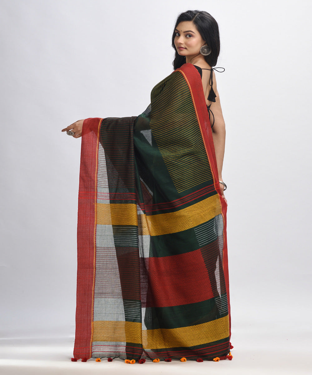 Bottole green red handwoven cotton bengal saree