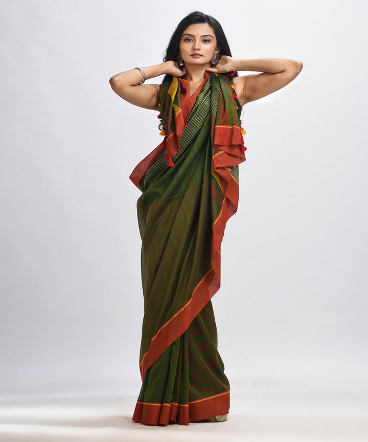 Olive green red handwoven cotton bengal saree