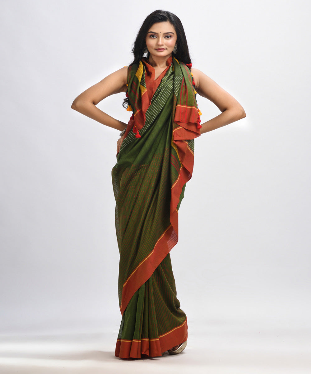 Olive green red handwoven cotton bengal saree