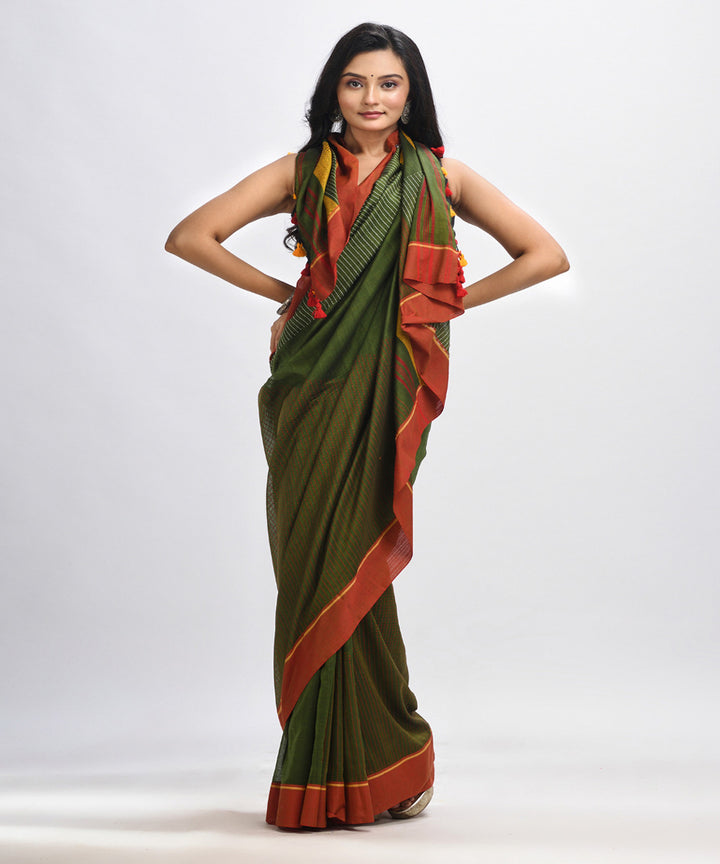 Olive green red handwoven cotton bengal saree