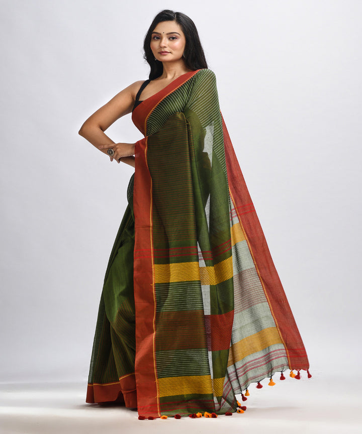 Olive green red handwoven cotton bengal saree