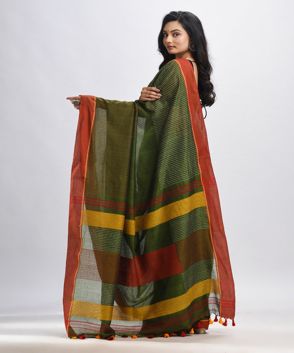 Olive green red handwoven cotton bengal saree