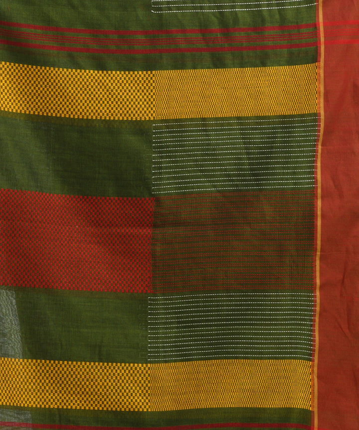 Olive green red handwoven cotton bengal saree