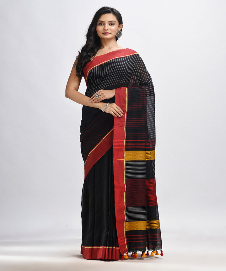 Black red handwoven cotton bengal saree