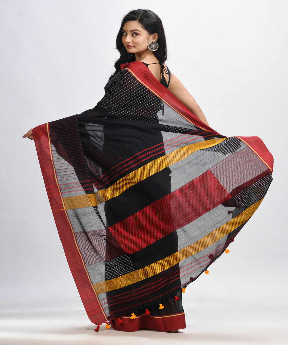 Black red handwoven cotton bengal saree