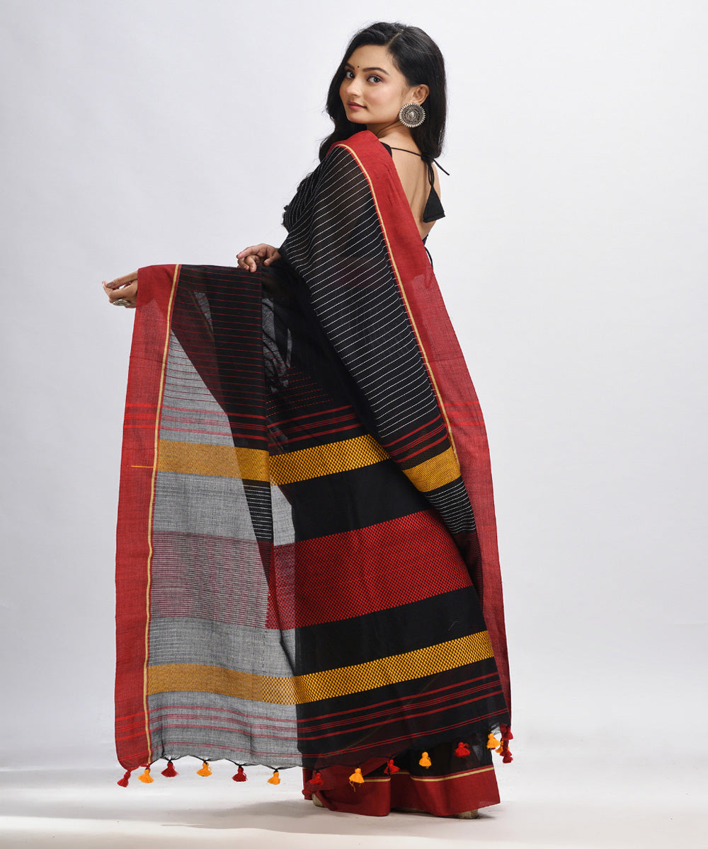 Black red handwoven cotton bengal saree