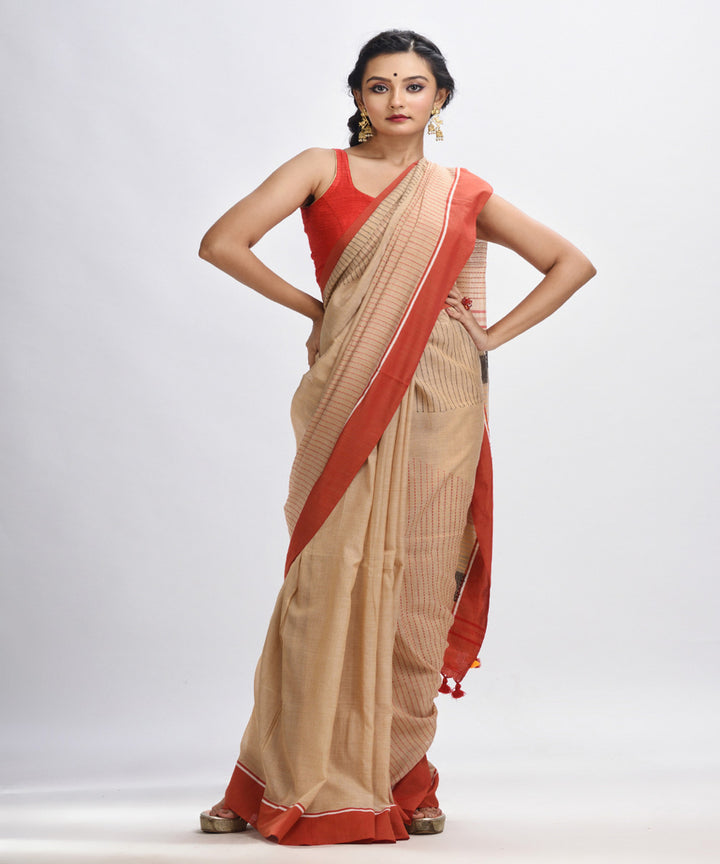 Beige red handwoven cotton bengal saree