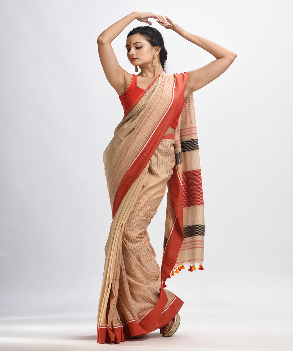 Beige red handwoven cotton bengal saree