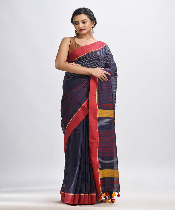 Dark grey red handwoven cotton bengal saree