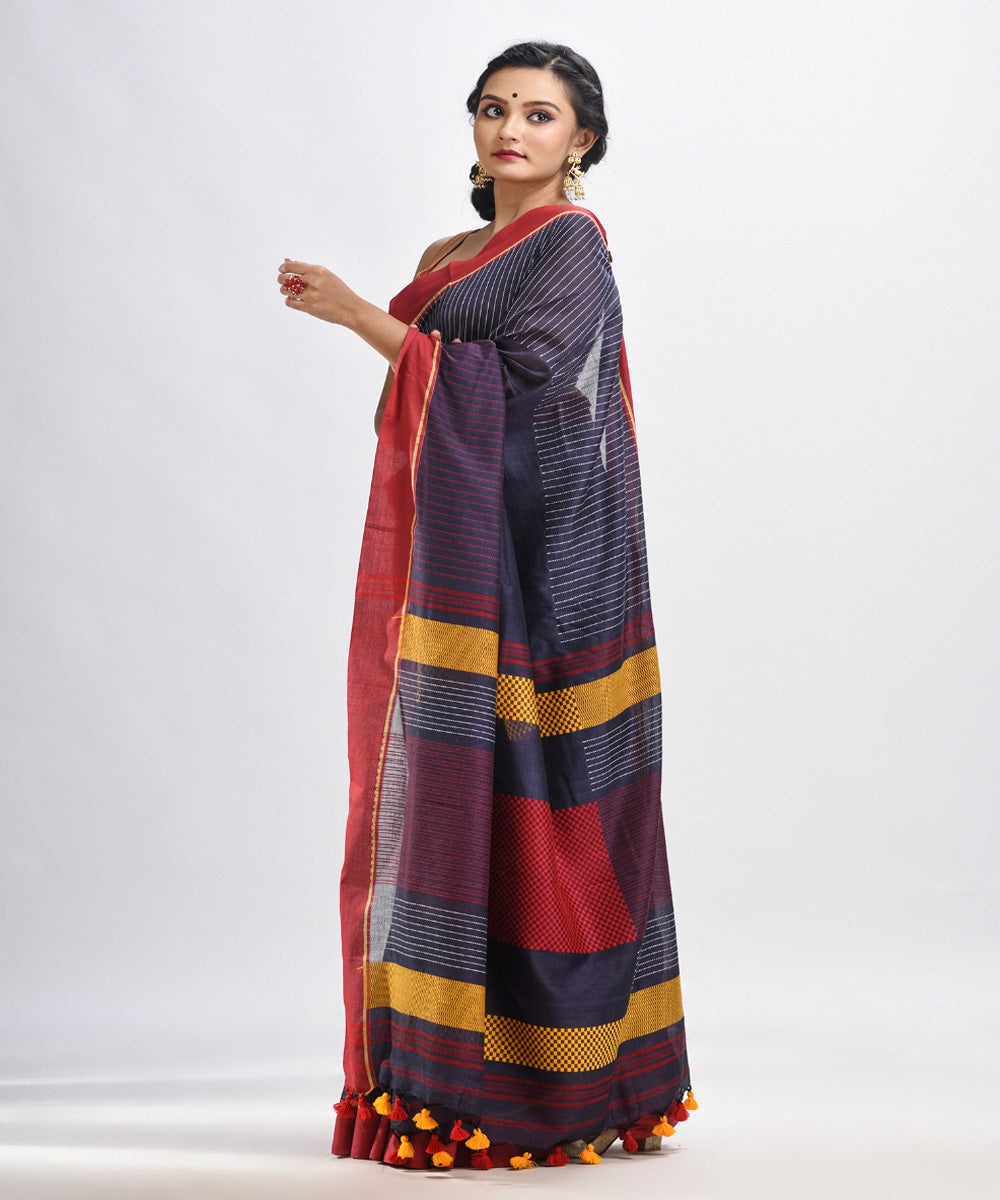 Dark grey red handwoven cotton bengal saree