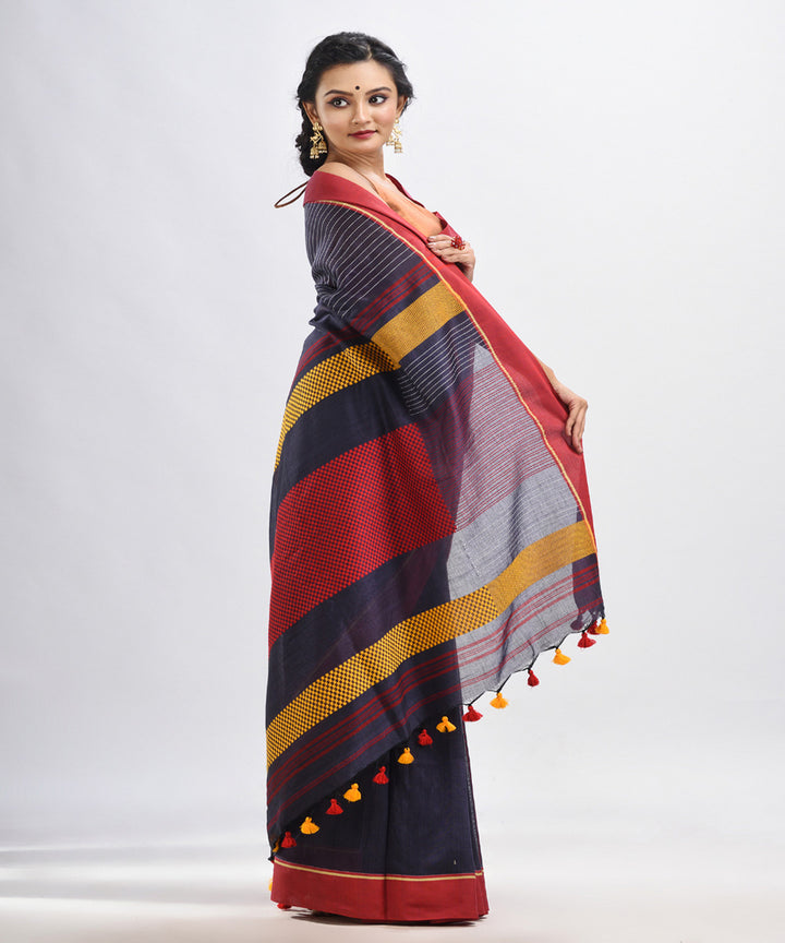 Dark grey red handwoven cotton bengal saree