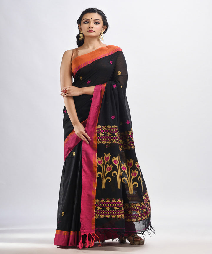 Black handloom jacquard cotton bengal saree