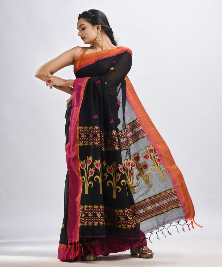 Black handloom jacquard cotton bengal saree