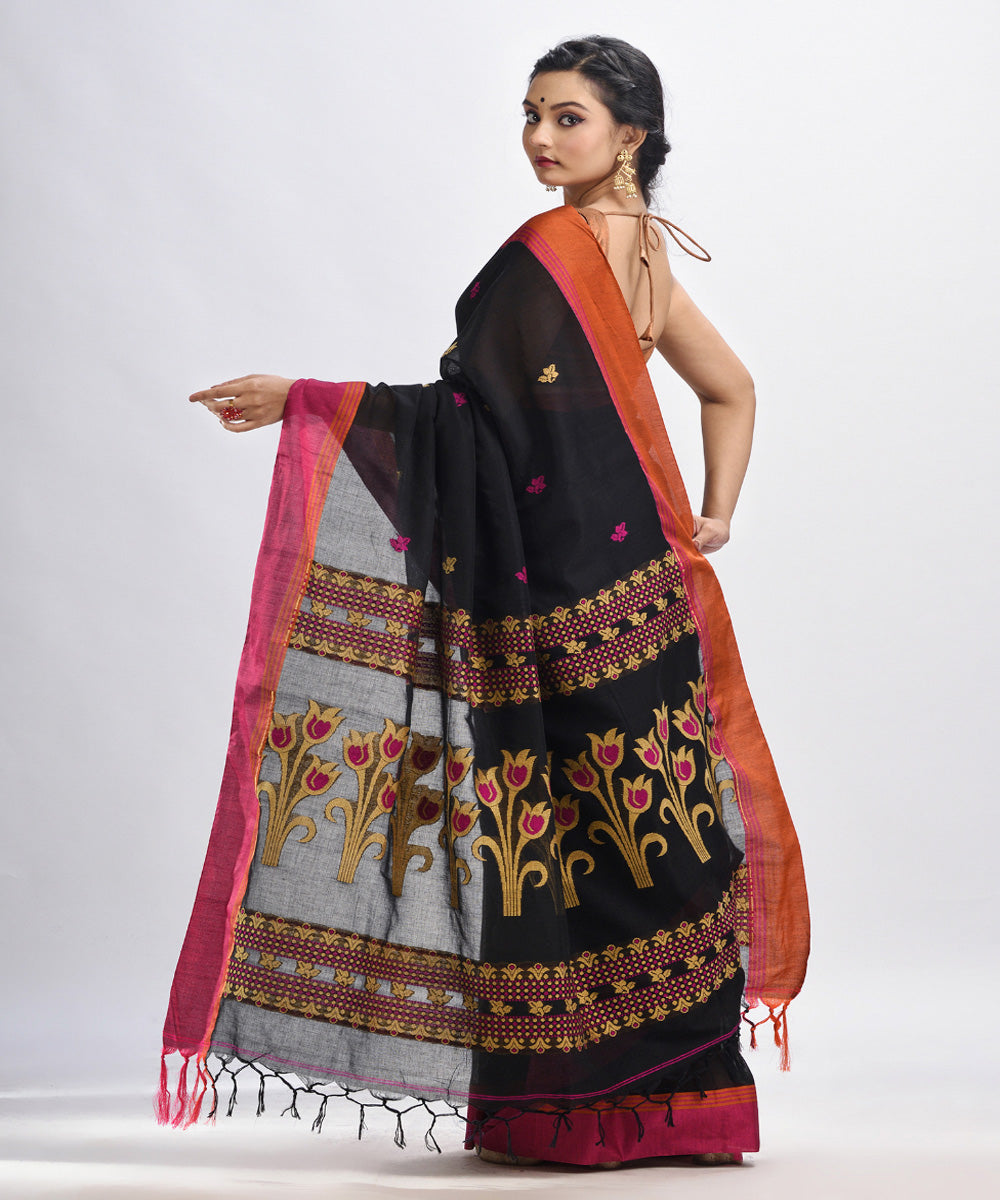 Black handloom jacquard cotton bengal saree