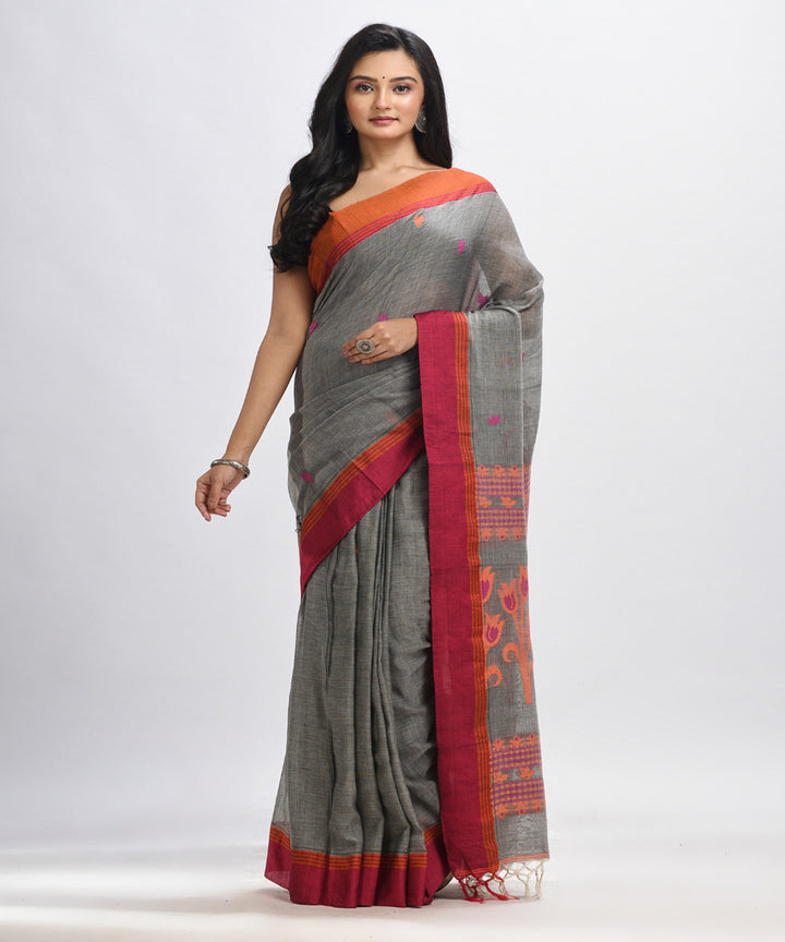 Grey red handloom jacquard cotton bengal saree