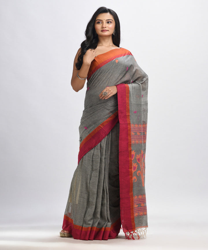 Grey red handloom jacquard cotton bengal saree