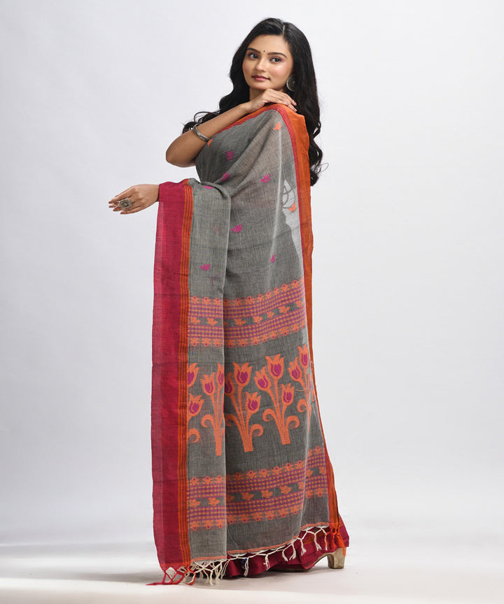 Grey red handloom jacquard cotton bengal saree