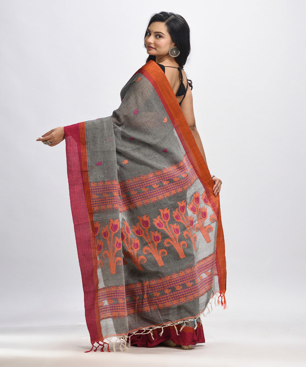 Grey red handloom jacquard cotton bengal saree